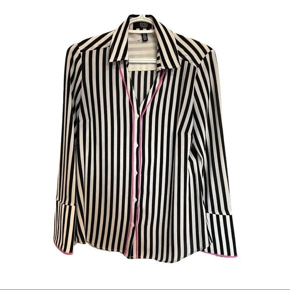 Jones New York black/white stripe bell sleeve pink trim button Front v neck top - Picture 1 of 7